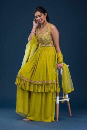 Parrot Green Mirrorwork Georgette Readymade Salwar Suit