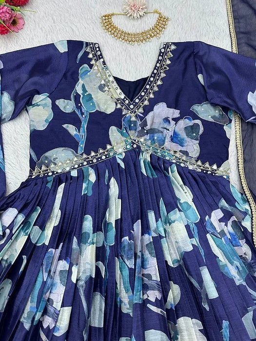 Blue Aliya Cut Dress With Real Mirror Work - Image 4