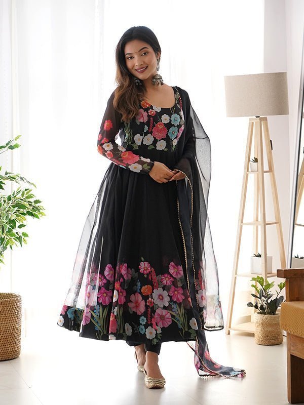 Flower Black Printed Anarkali Gown With Pant & Dupatta Set - Image 2