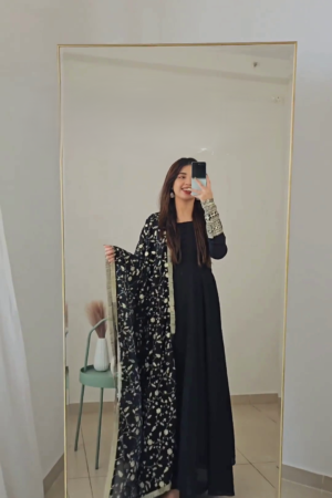 Faux Georgette Embroidery Work Gown Pant with Dupatta Set