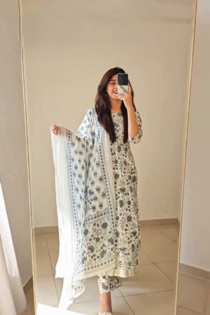 Latest Party Wear Cotton Blend Printed Kurti Pant With Dupatta Set