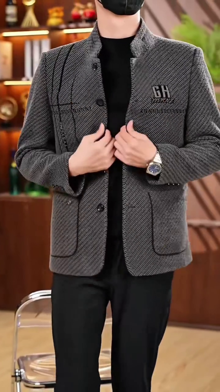Men's Grey Herringbone Plaid Stand Collar Jacket