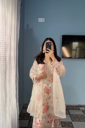 Off White Kundan Organza Suit