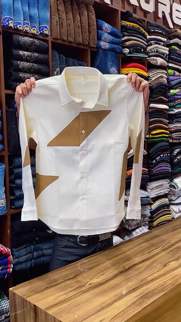 Beige Cotton Geometric Pattern Shirt - Image 2