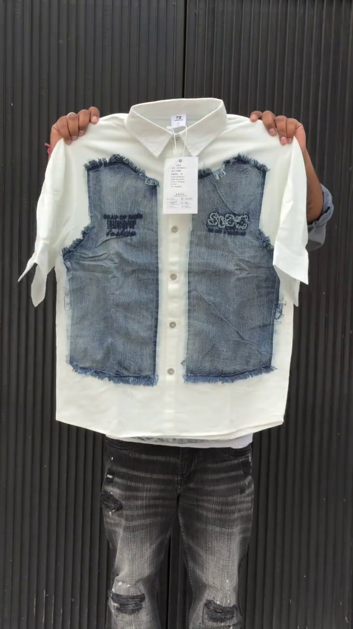 Colourblocked Drop-Shoulder Sleeves Relaxed Fit Denim Casual Shirt