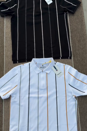 Men Pure Cotton Vertical Stripe Zipper Polo T-Shirt
