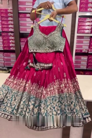 Hand Embroidered Fuchsia Pink Pure Georgette Lucknowi Chikankari Lehenga Set With Muqaish Work