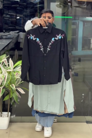 Men's Embroidered Rose Design Western Shirt Black Large